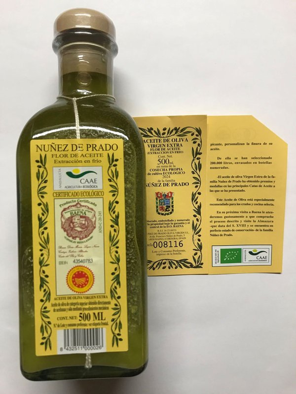 500 ml Glasflasche Blume des Olivenöl "Tropföl" "Nuñez de Prado"  - Bio Zertifiziert ES-ECO-001-AN